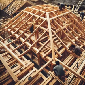 un chantier de charpente en bois